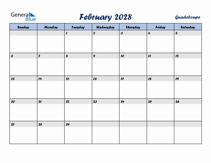 February 2028 Calendar with Holidays in Guadeloupe