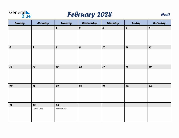 February 2028 Calendar with Holidays in Haiti