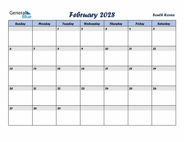 February 2028 Calendar with Holidays in South Korea