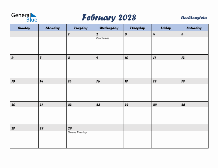 February 2028 Calendar with Holidays in Liechtenstein