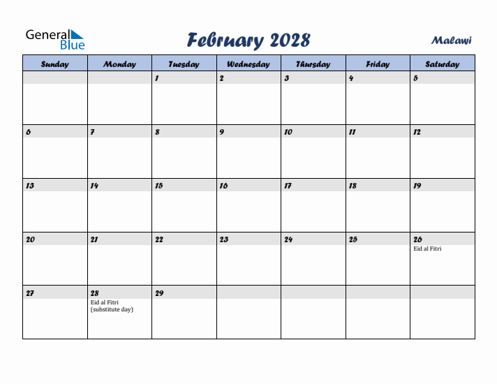 February 2028 Calendar with Holidays in Malawi