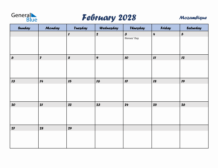 February 2028 Calendar with Holidays in Mozambique