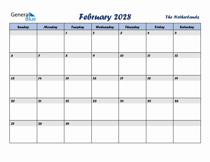 February 2028 Calendar with Holidays in The Netherlands