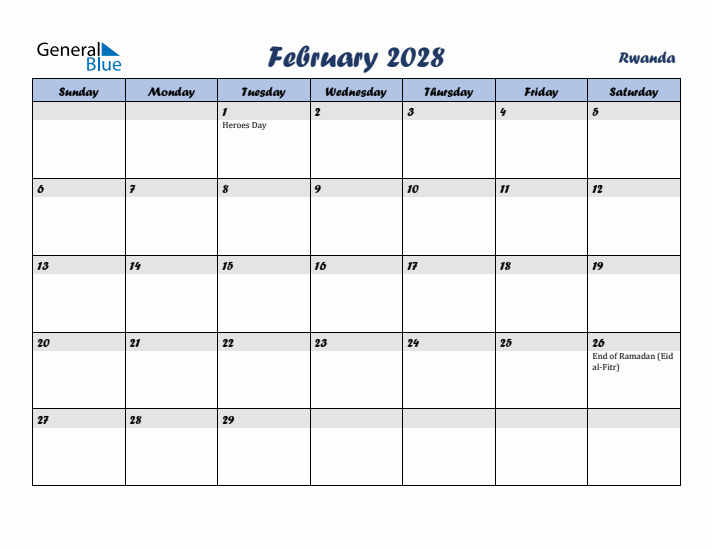 February 2028 Calendar with Holidays in Rwanda