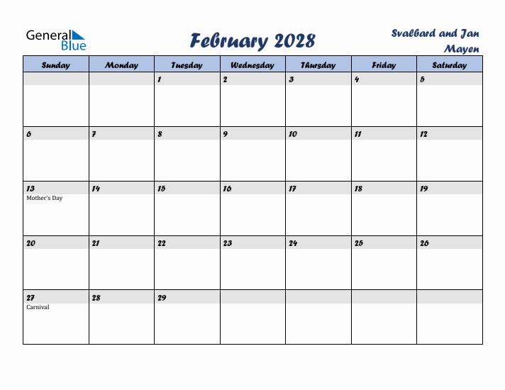 February 2028 Calendar with Holidays in Svalbard and Jan Mayen