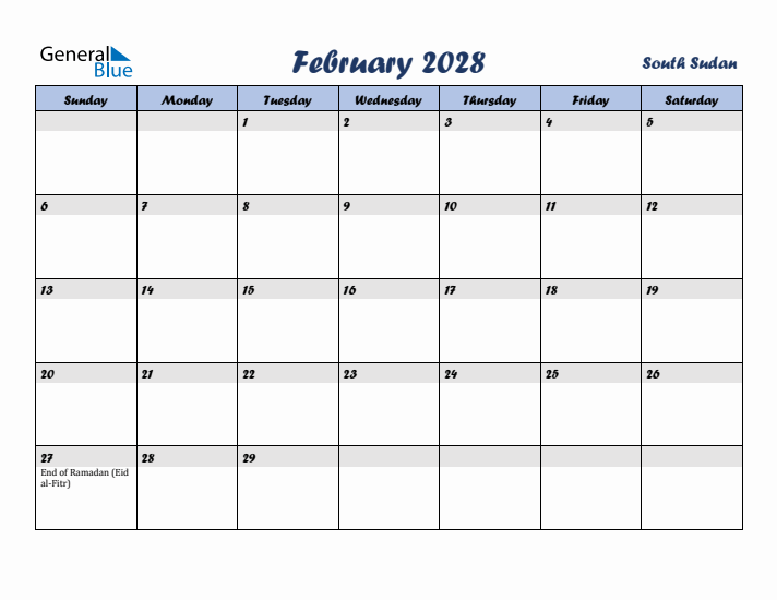 February 2028 Calendar with Holidays in South Sudan