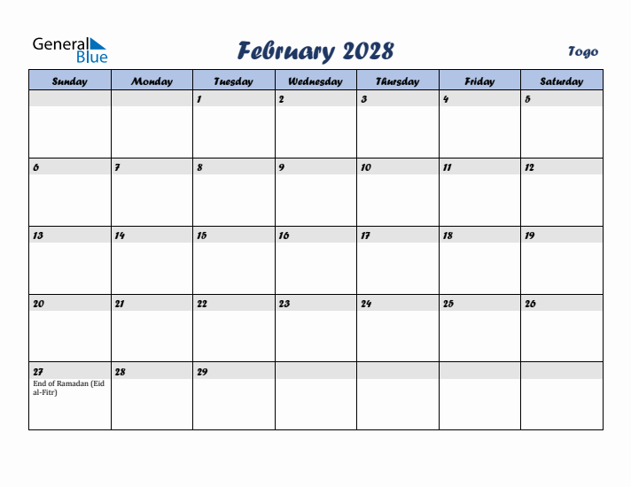 February 2028 Calendar with Holidays in Togo