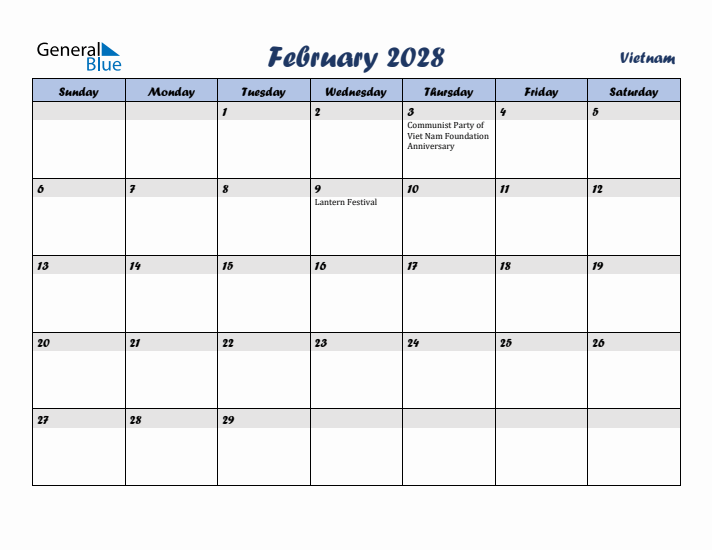 February 2028 Calendar with Holidays in Vietnam