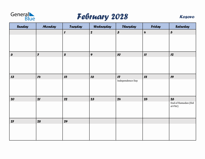 February 2028 Calendar with Holidays in Kosovo