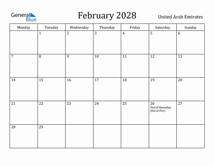 February 2028 Calendar United Arab Emirates