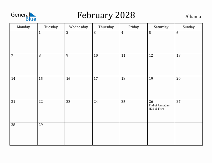 February 2028 Calendar Albania