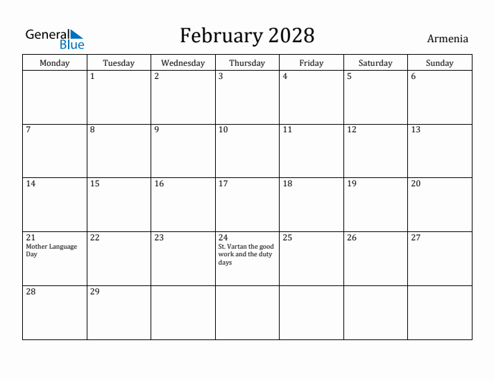 February 2028 Calendar Armenia