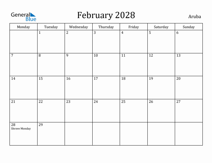 February 2028 Calendar Aruba