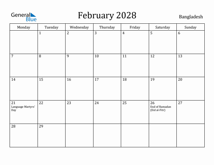 February 2028 Calendar Bangladesh
