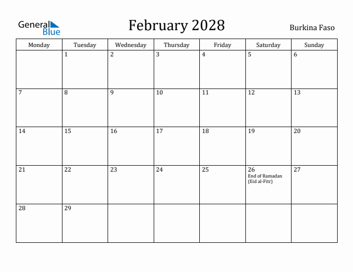 February 2028 Calendar Burkina Faso