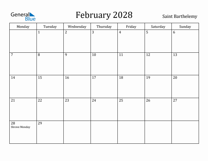 February 2028 Calendar Saint Barthelemy