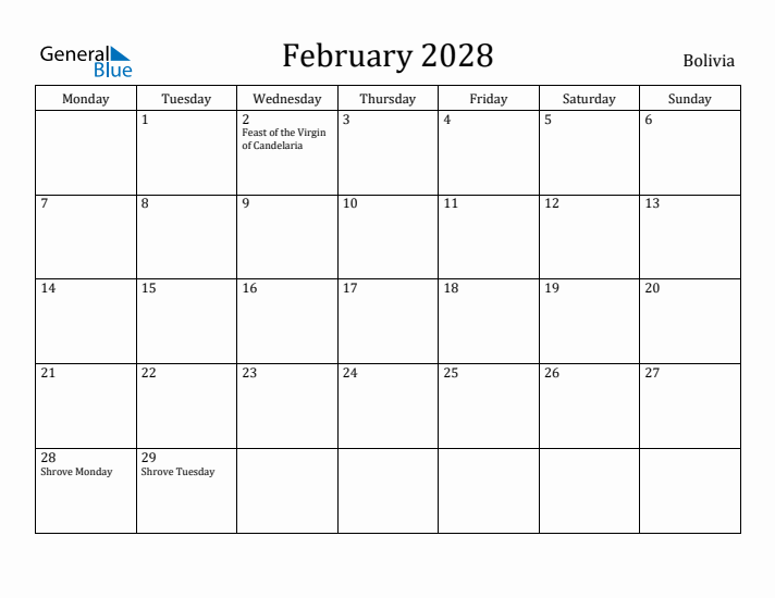 February 2028 Calendar Bolivia