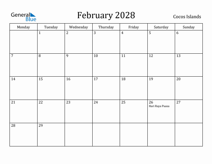 February 2028 Calendar Cocos Islands