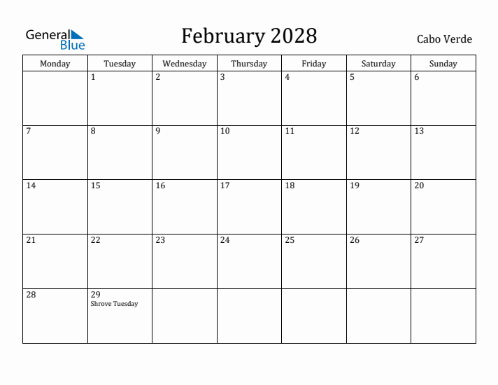February 2028 Calendar Cabo Verde