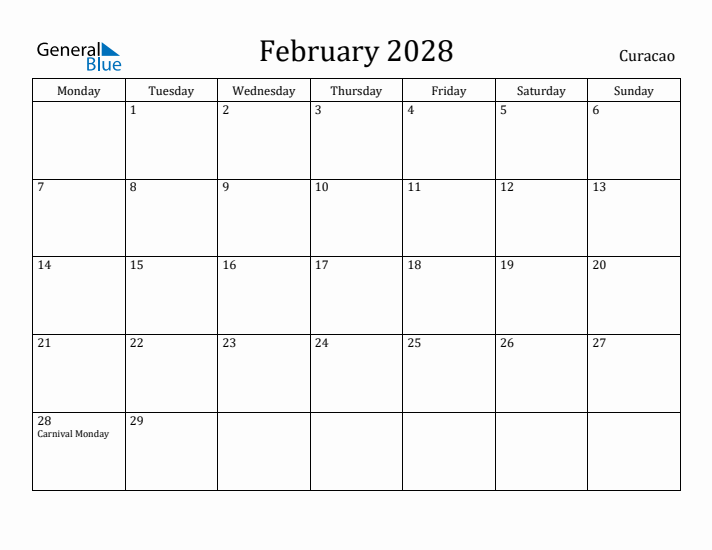 February 2028 Calendar Curacao