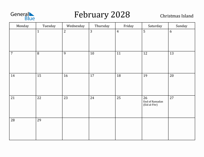 February 2028 Calendar Christmas Island