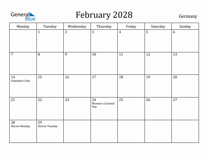 February 2028 Calendar Germany