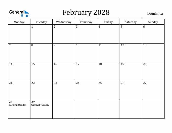 February 2028 Calendar Dominica
