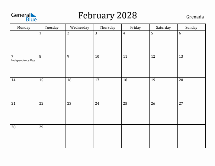 February 2028 Calendar Grenada