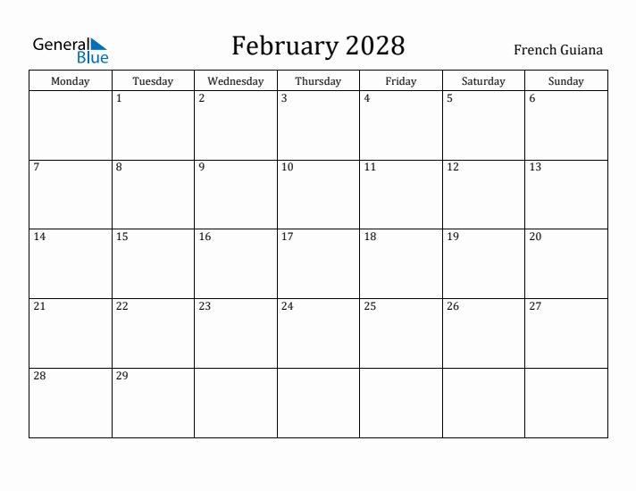 February 2028 Calendar French Guiana