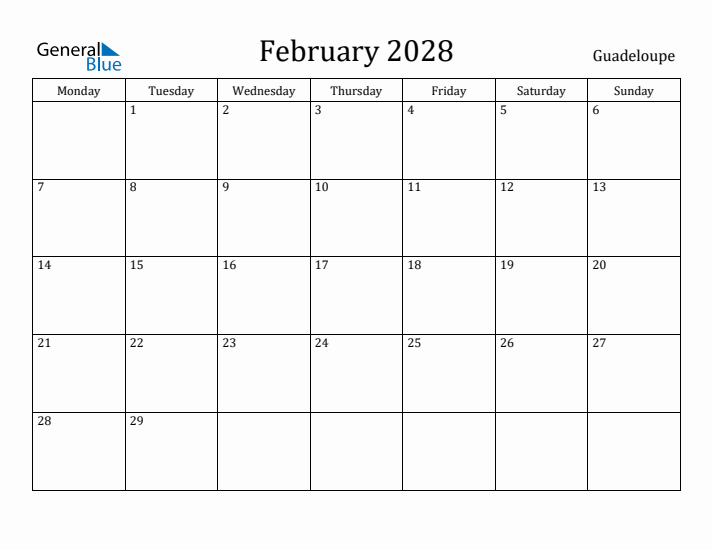 February 2028 Calendar Guadeloupe