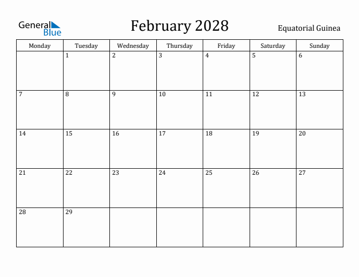 February 2028 Calendar Equatorial Guinea