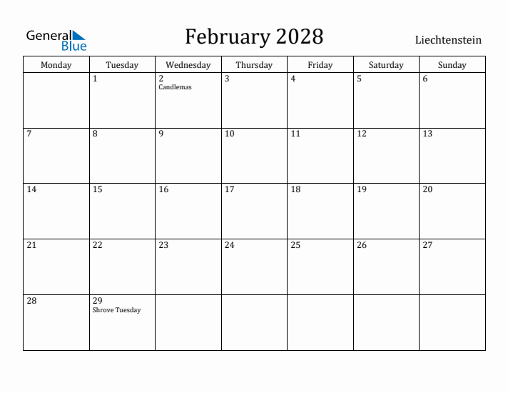 February 2028 Calendar Liechtenstein