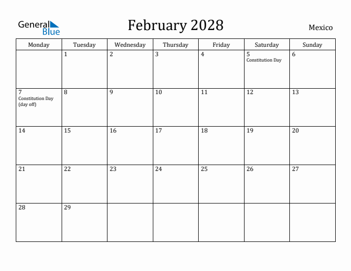 February 2028 Calendar Mexico