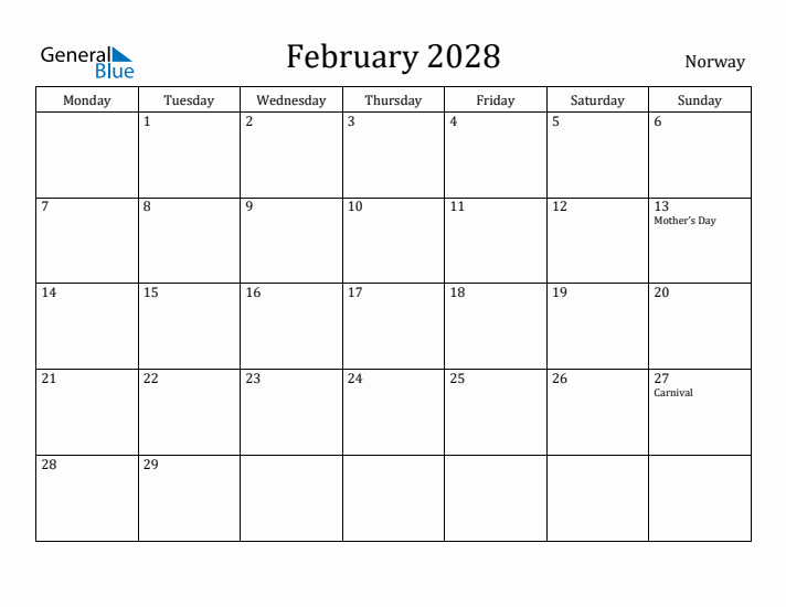 February 2028 Calendar Norway