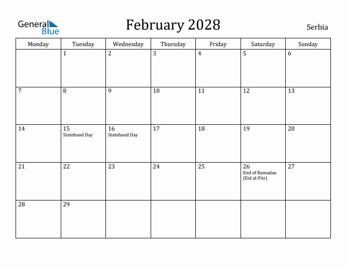 February 2028 Calendar Serbia