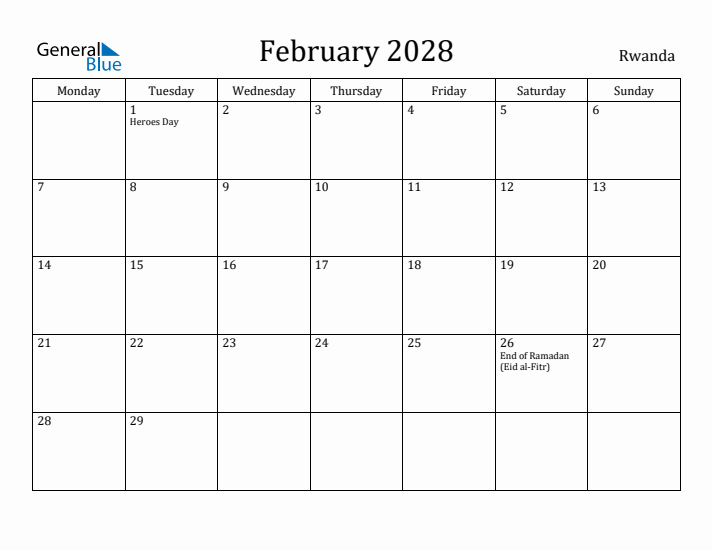 February 2028 Calendar Rwanda