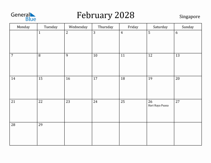 February 2028 Calendar Singapore