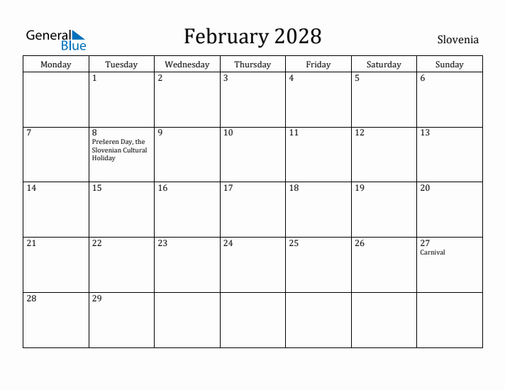 February 2028 Calendar Slovenia