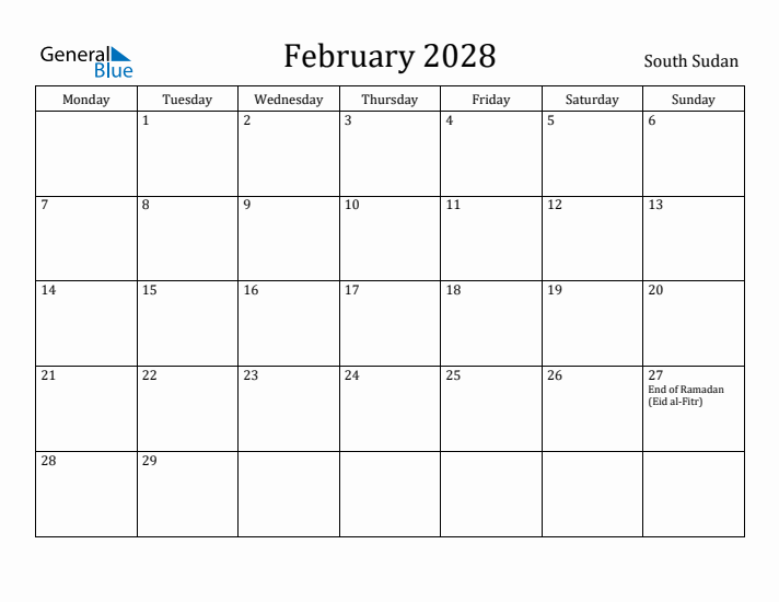 February 2028 Calendar South Sudan