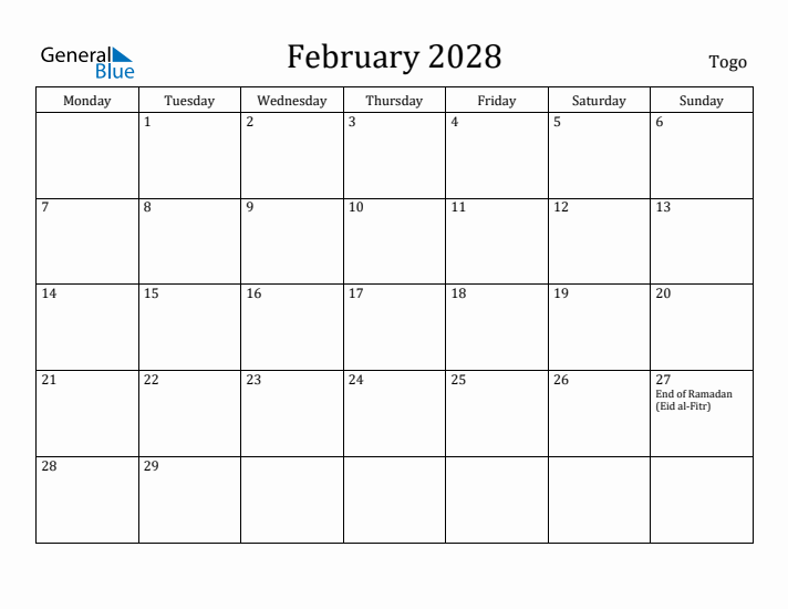 February 2028 Calendar Togo