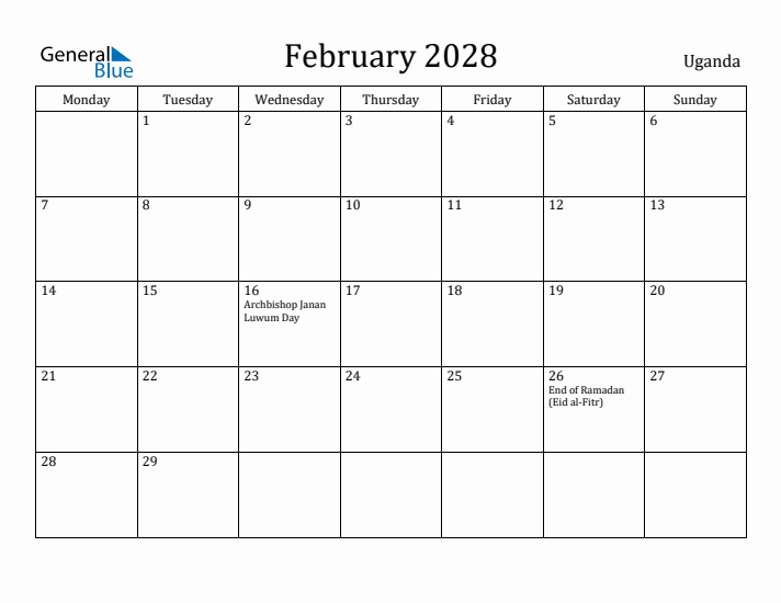 February 2028 Calendar Uganda