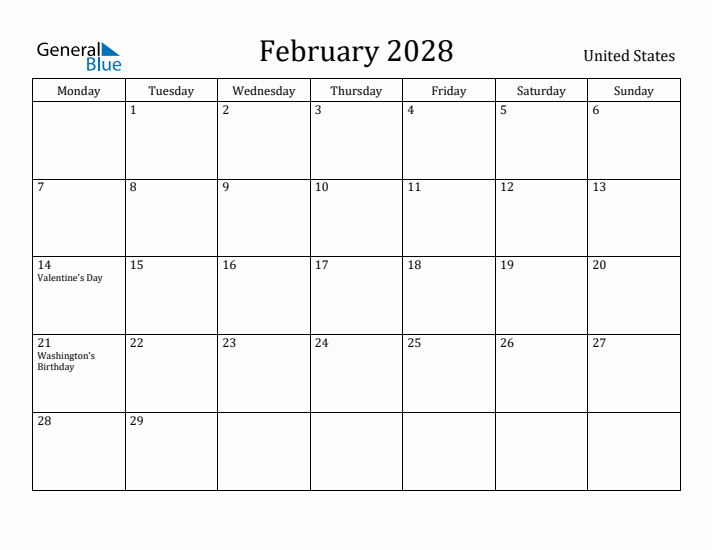 February 2028 Calendar United States