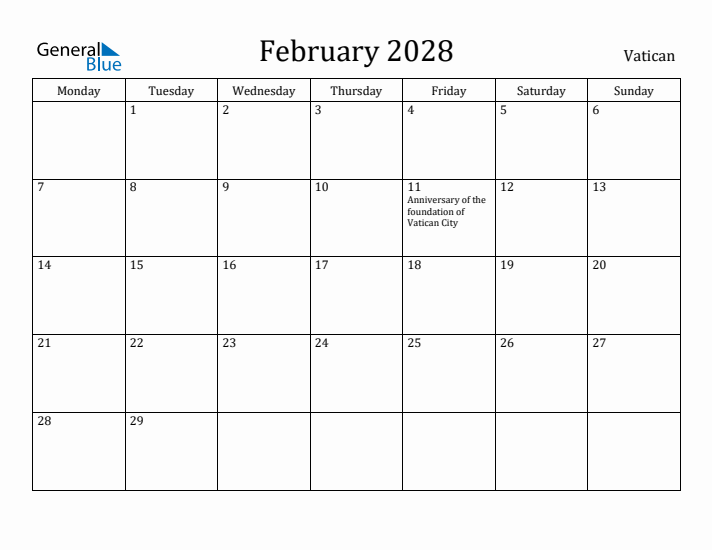 February 2028 Calendar Vatican