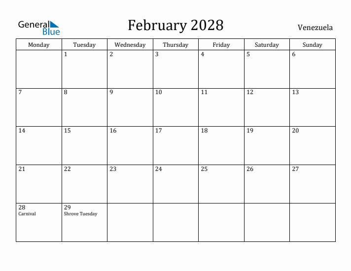 February 2028 Calendar Venezuela