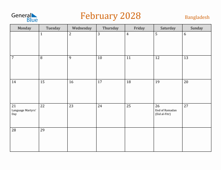 February 2028 Holiday Calendar with Monday Start