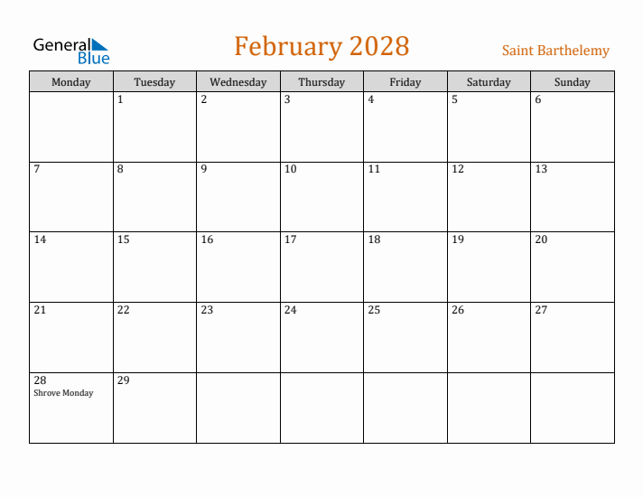 February 2028 Holiday Calendar with Monday Start