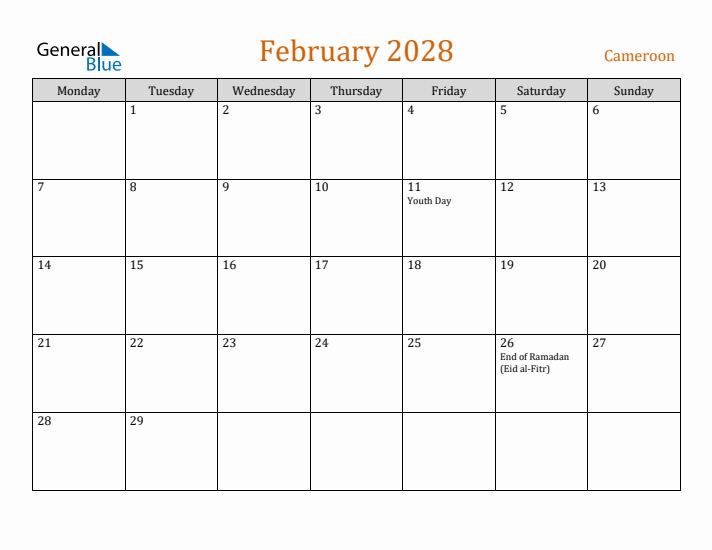 February 2028 Holiday Calendar with Monday Start