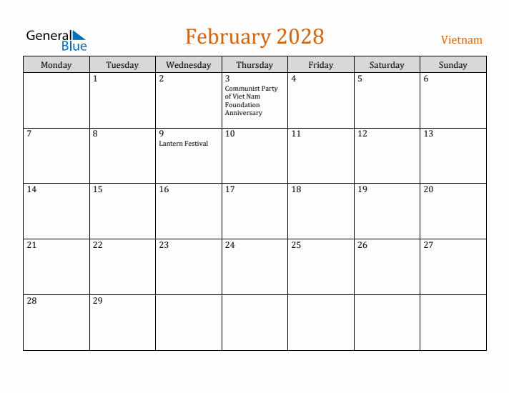 February 2028 Holiday Calendar with Monday Start