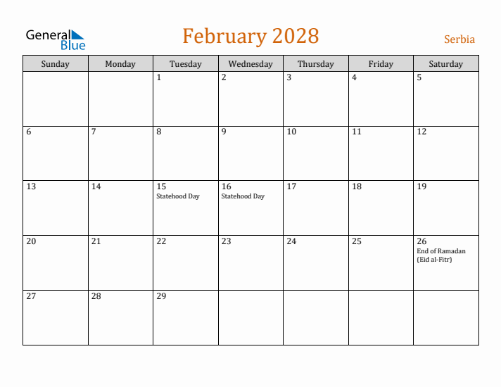 February 2028 Holiday Calendar with Sunday Start
