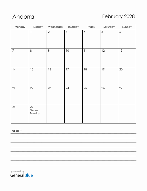 February 2028 Andorra Calendar with Holidays (Monday Start)